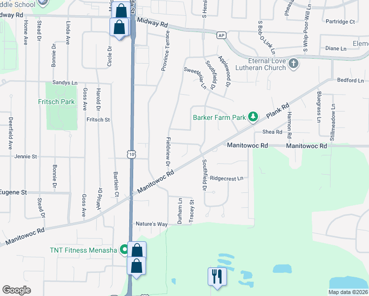map of restaurants, bars, coffee shops, grocery stores, and more near 1166 Northfield Court in Menasha