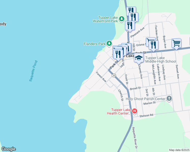 map of restaurants, bars, coffee shops, grocery stores, and more near 18 Lake St in Tupper Lake