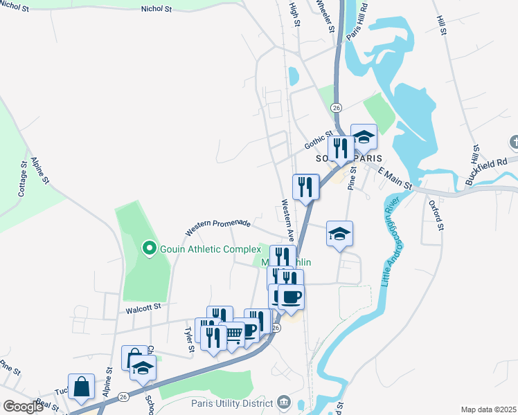 map of restaurants, bars, coffee shops, grocery stores, and more near 26 Western Avenue in Paris