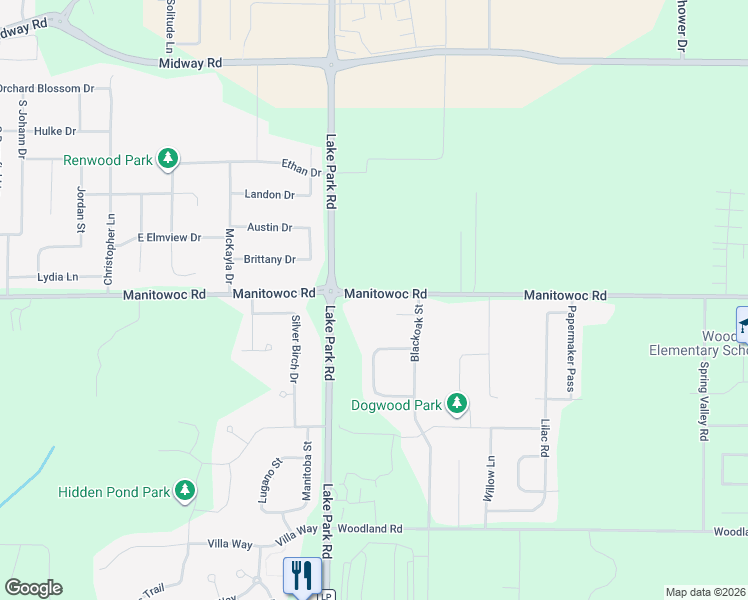 map of restaurants, bars, coffee shops, grocery stores, and more near W6469 Manitowoc Road in Menasha