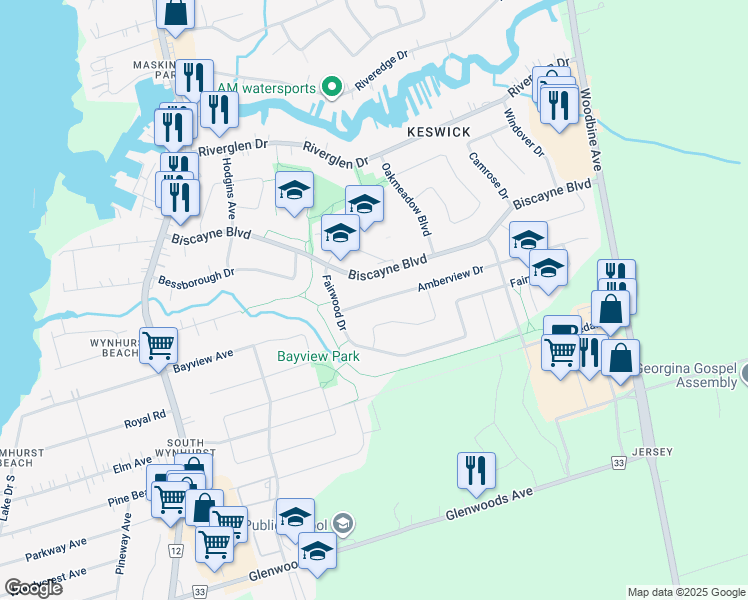 map of restaurants, bars, coffee shops, grocery stores, and more near 14 Amberview Drive in Georgina