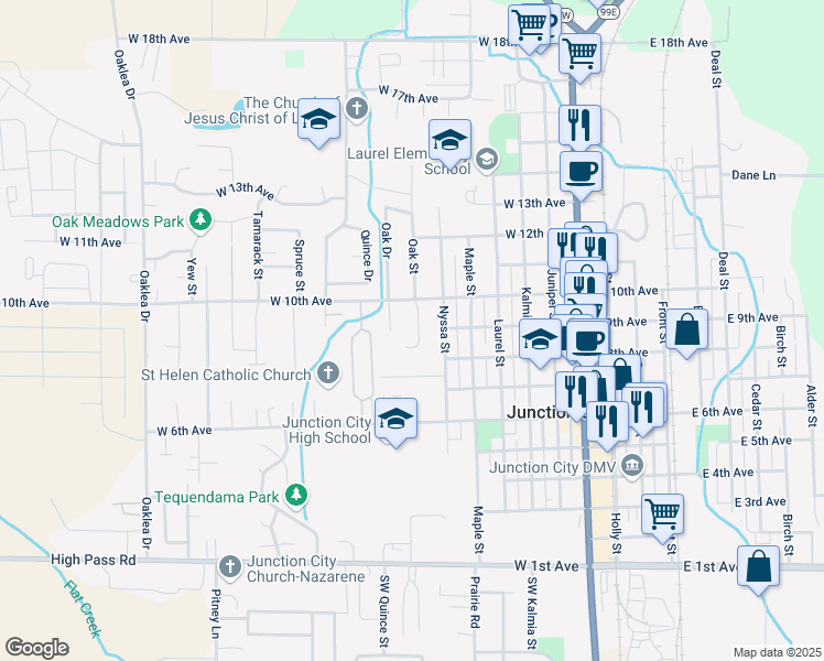 map of restaurants, bars, coffee shops, grocery stores, and more near 885 Oak Street in Junction City