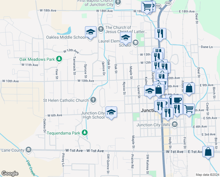 map of restaurants, bars, coffee shops, grocery stores, and more near 615 Pine Street in Junction City