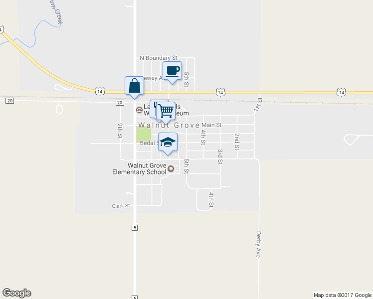 map of restaurants, bars, coffee shops, grocery stores, and more near 540 5th Street in Walnut Grove