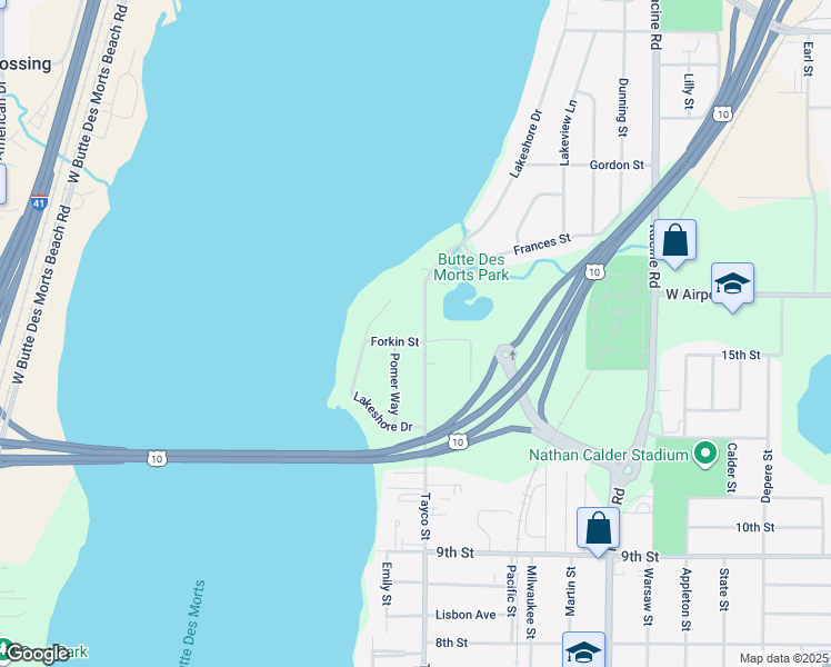 map of restaurants, bars, coffee shops, grocery stores, and more near 290 Forkin Street in Menasha