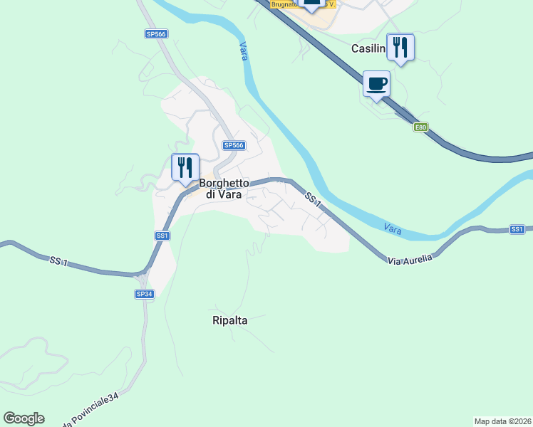 map of restaurants, bars, coffee shops, grocery stores, and more near 29 Via Ripalta in Borghetto di Vara