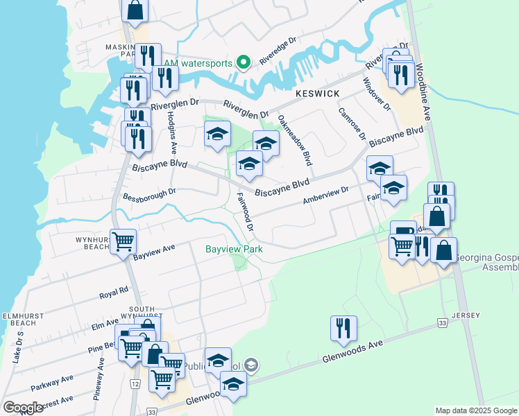 map of restaurants, bars, coffee shops, grocery stores, and more near 14 Amberview Drive in Georgina