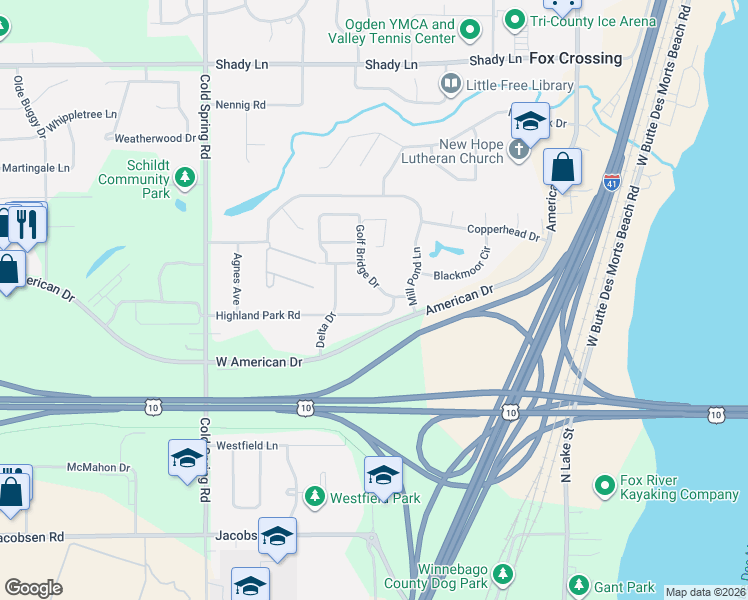 map of restaurants, bars, coffee shops, grocery stores, and more near 830-832 Highland Park Road in Neenah