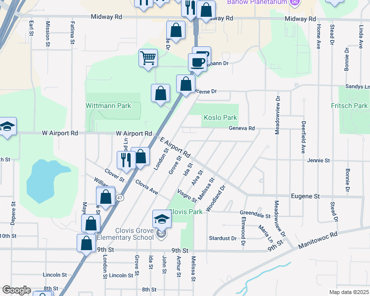 map of restaurants, bars, coffee shops, grocery stores, and more near 1105 Grove Street in Menasha