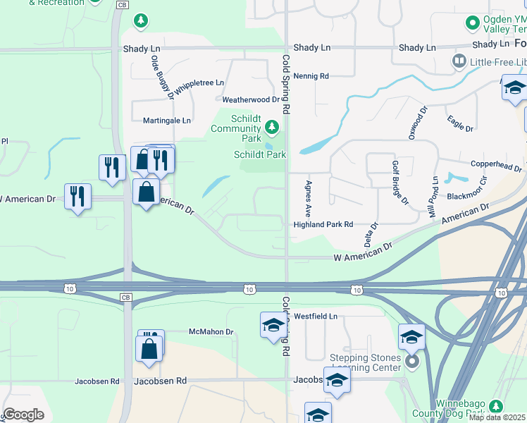 map of restaurants, bars, coffee shops, grocery stores, and more near 1185 Jonathon Lane in Neenah