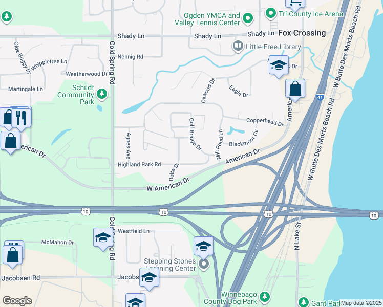 map of restaurants, bars, coffee shops, grocery stores, and more near 886 Highland Park Road in Neenah