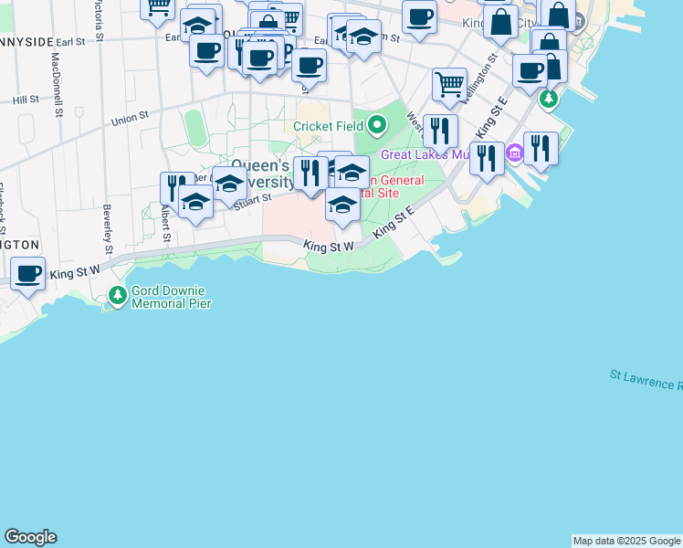 map of restaurants, bars, coffee shops, grocery stores, and more near 16 King Street West in Kingston