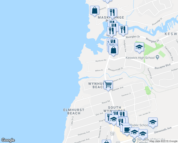 map of restaurants, bars, coffee shops, grocery stores, and more near Willow Drive in Georgina
