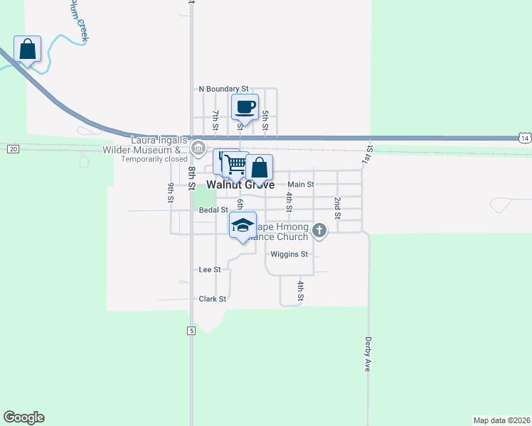 map of restaurants, bars, coffee shops, grocery stores, and more near 540 5th Street in Walnut Grove