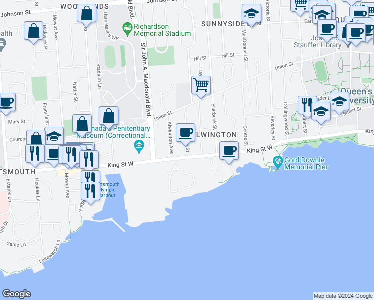 map of restaurants, bars, coffee shops, grocery stores, and more near 16 Pembroke Street in Kingston