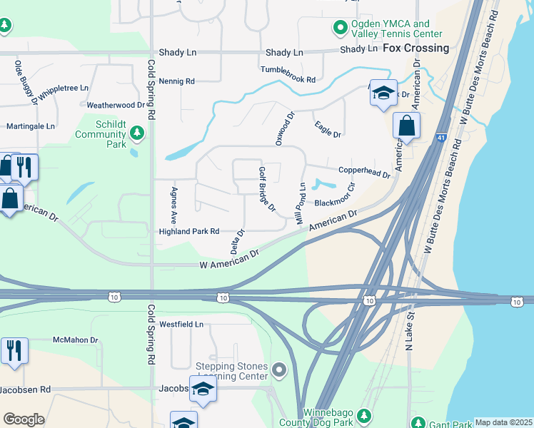 map of restaurants, bars, coffee shops, grocery stores, and more near 886 Highland Park Road in Neenah