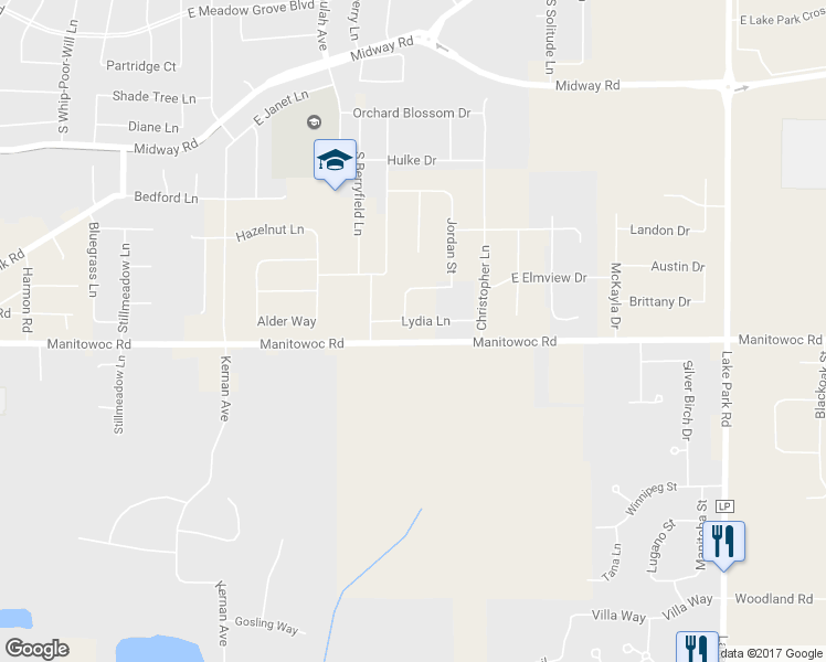 map of restaurants, bars, coffee shops, grocery stores, and more near W6741 Lydia Lane in Appleton