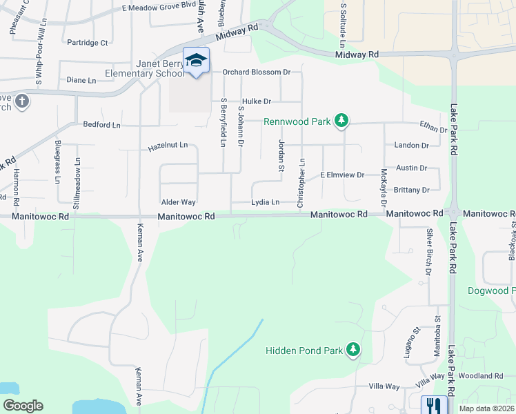 map of restaurants, bars, coffee shops, grocery stores, and more near W6741 Lydia Lane in Appleton