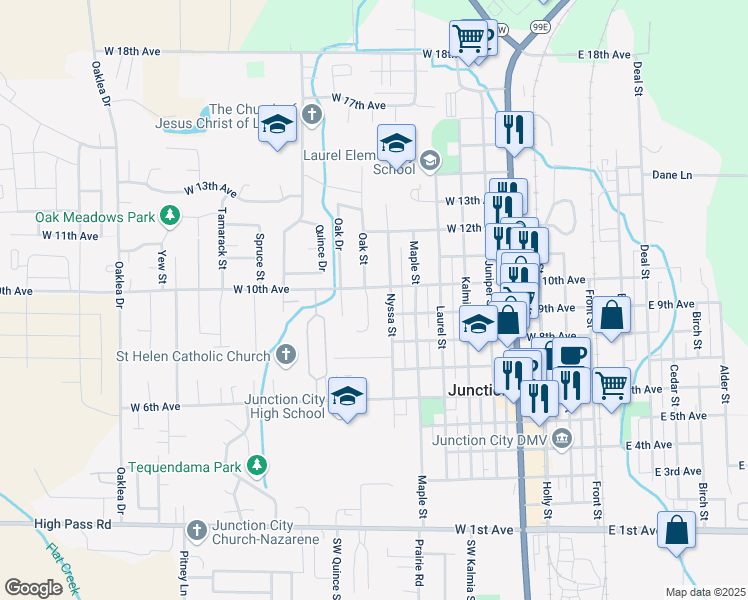 map of restaurants, bars, coffee shops, grocery stores, and more near 885 Oak Street in Junction City