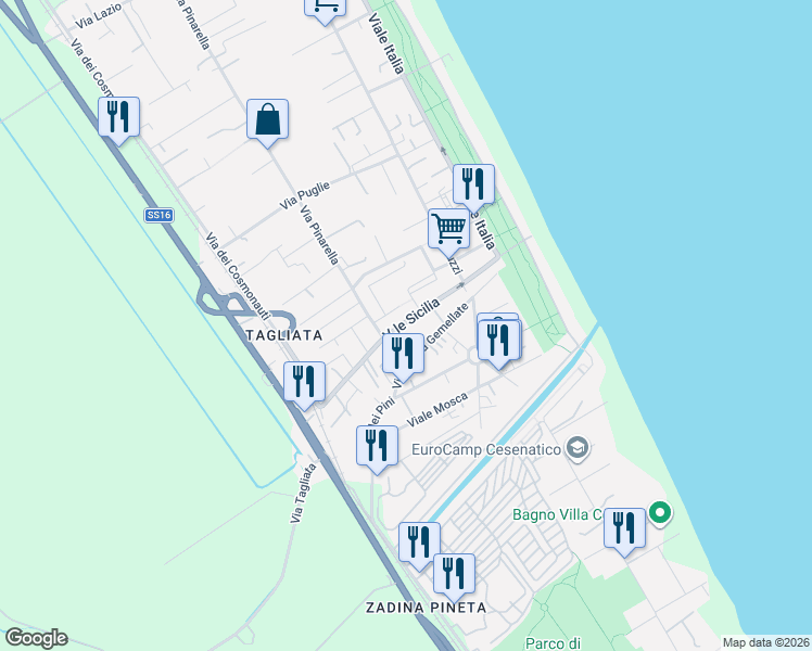 map of restaurants, bars, coffee shops, grocery stores, and more near Via Pinarella in Cervia