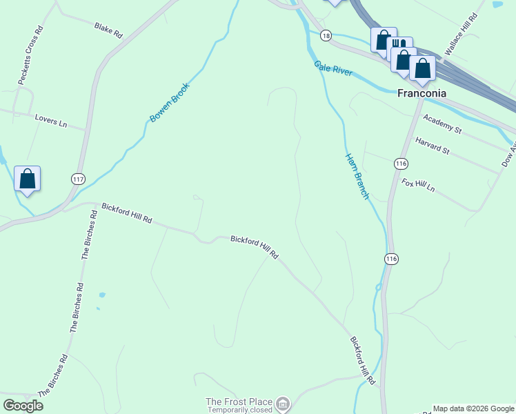 map of restaurants, bars, coffee shops, grocery stores, and more near 357 Bickford Hill Road in Franconia