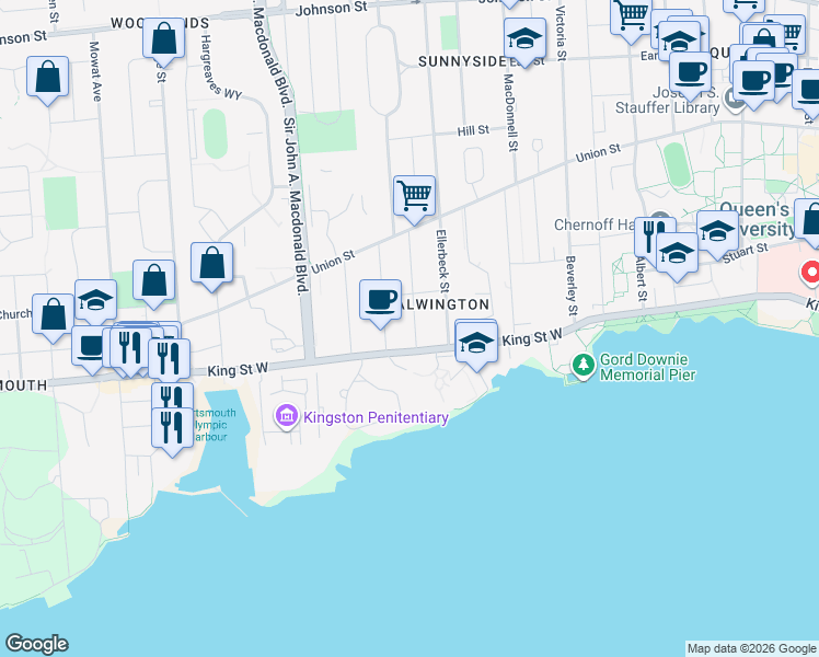 map of restaurants, bars, coffee shops, grocery stores, and more near 16 Pembroke Street in Kingston