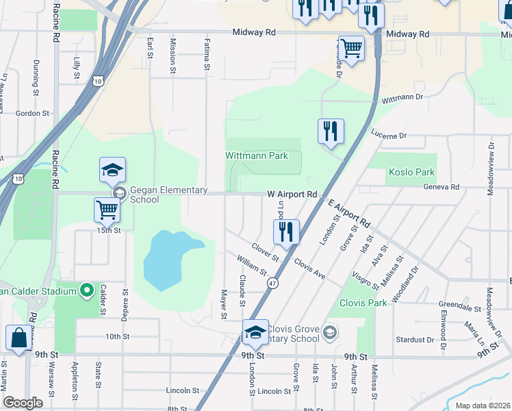 map of restaurants, bars, coffee shops, grocery stores, and more near 1157 Loretta Avenue in Menasha