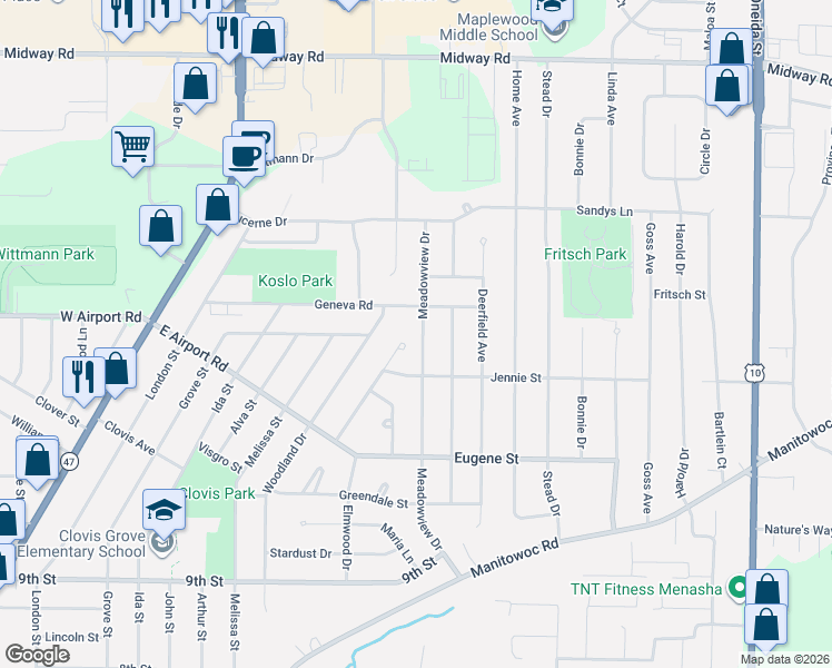 map of restaurants, bars, coffee shops, grocery stores, and more near 1204 Meadowview Drive in Menasha