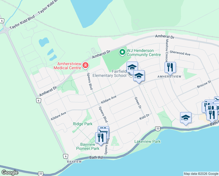 map of restaurants, bars, coffee shops, grocery stores, and more near 18 McKeown Crescent in Lennox and Addington County