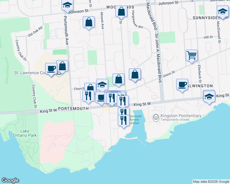map of restaurants, bars, coffee shops, grocery stores, and more near 38 Church Street in Kingston