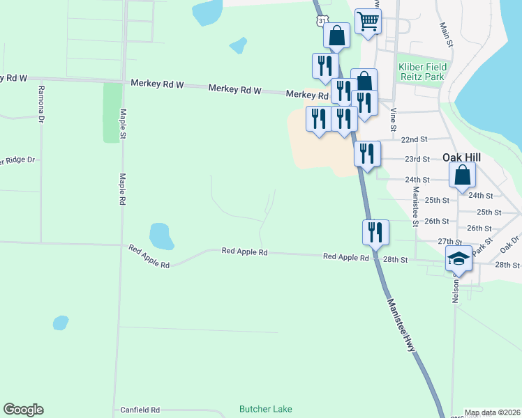 map of restaurants, bars, coffee shops, grocery stores, and more near 682 Ravine Drive in Manistee