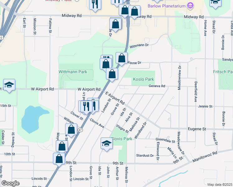 map of restaurants, bars, coffee shops, grocery stores, and more near 1105 Grove Street in Menasha
