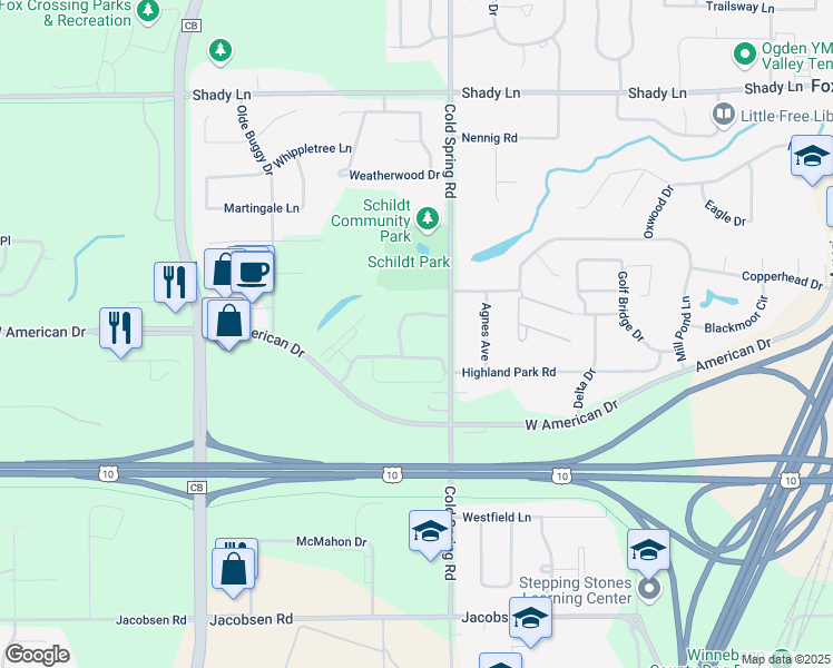 map of restaurants, bars, coffee shops, grocery stores, and more near 1185 Jonathon Lane in Neenah