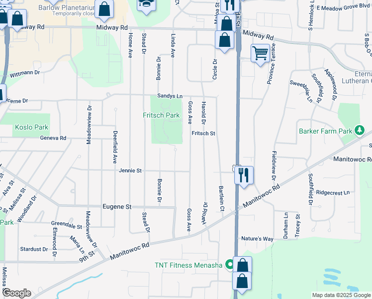 map of restaurants, bars, coffee shops, grocery stores, and more near 1170 Goss Avenue in Menasha