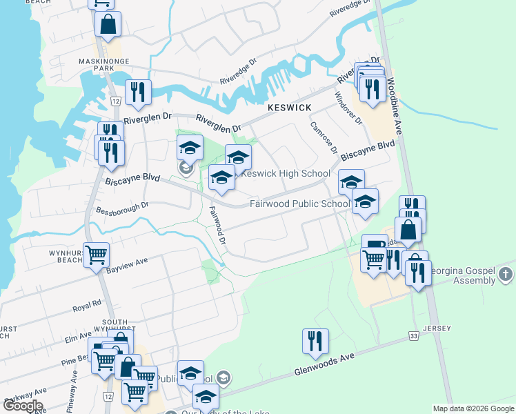map of restaurants, bars, coffee shops, grocery stores, and more near 121 Biscayne Boulevard in Georgina