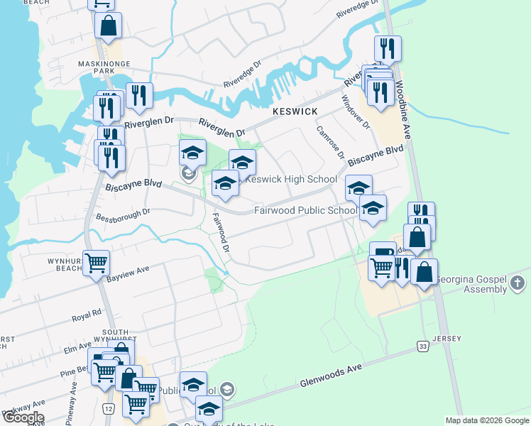 map of restaurants, bars, coffee shops, grocery stores, and more near 123 Biscayne Boulevard in Georgina