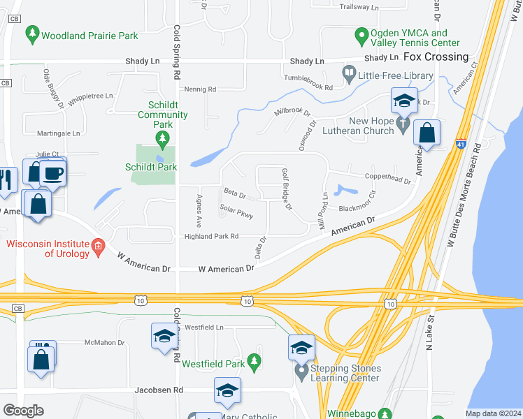 map of restaurants, bars, coffee shops, grocery stores, and more near 1686 Delta Drive in Neenah
