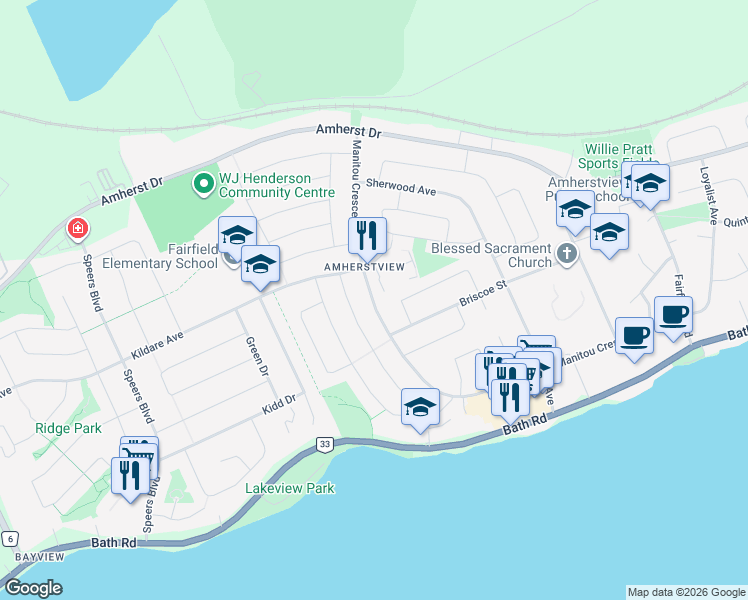map of restaurants, bars, coffee shops, grocery stores, and more near 77 Manitou Crescent West in Lennox and Addington County