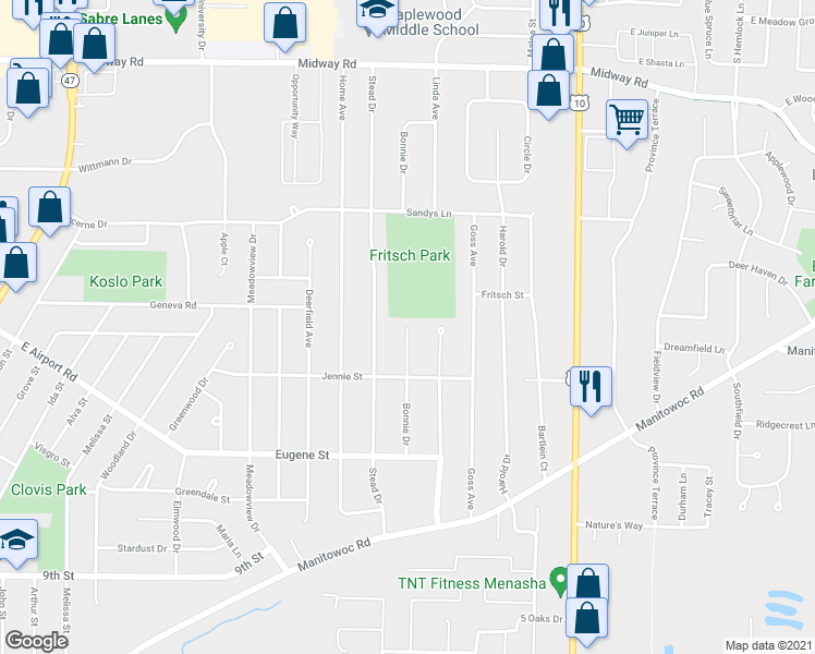 map of restaurants, bars, coffee shops, grocery stores, and more near 1199 Bonnie Drive in Menasha