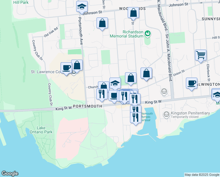 map of restaurants, bars, coffee shops, grocery stores, and more near 30 Churchill Street in Kingston
