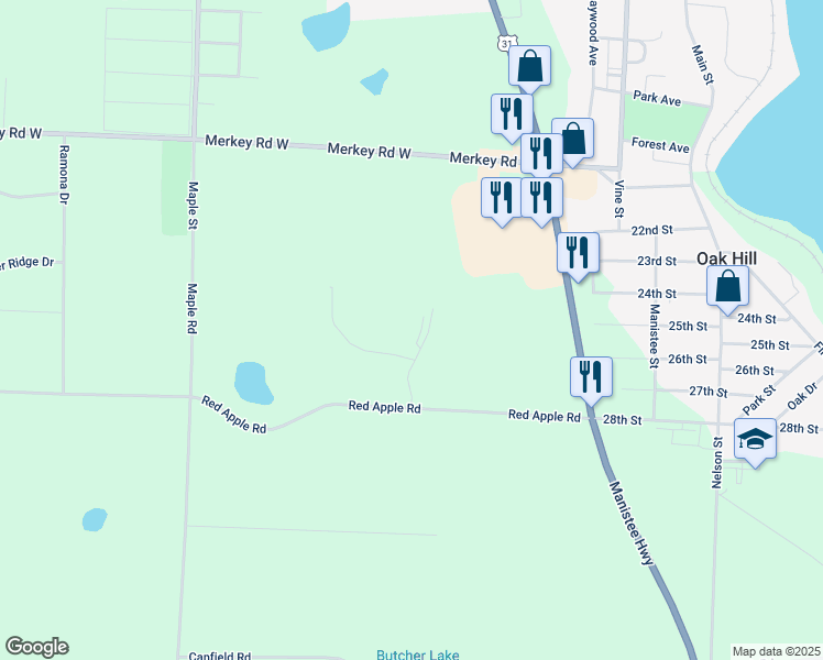 map of restaurants, bars, coffee shops, grocery stores, and more near 1823 Pine Ridge Drive in Manistee