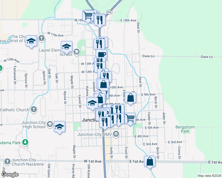 map of restaurants, bars, coffee shops, grocery stores, and more near 990 Holly Street in Junction City