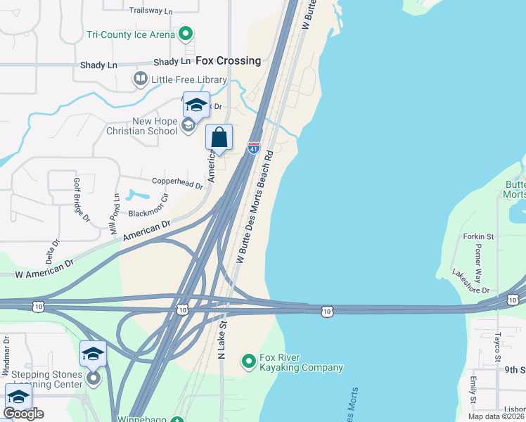 map of restaurants, bars, coffee shops, grocery stores, and more near 1717 West Butte Des Morts Beach Road in Neenah
