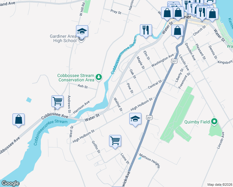 map of restaurants, bars, coffee shops, grocery stores, and more near 548 Water Street in Gardiner