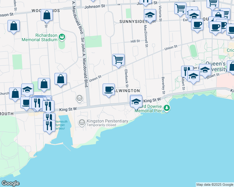 map of restaurants, bars, coffee shops, grocery stores, and more near 36 Livingston Avenue in Kingston