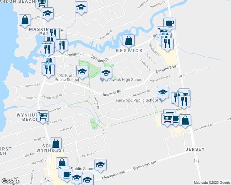 map of restaurants, bars, coffee shops, grocery stores, and more near Biscayne Boulevard in Georgina