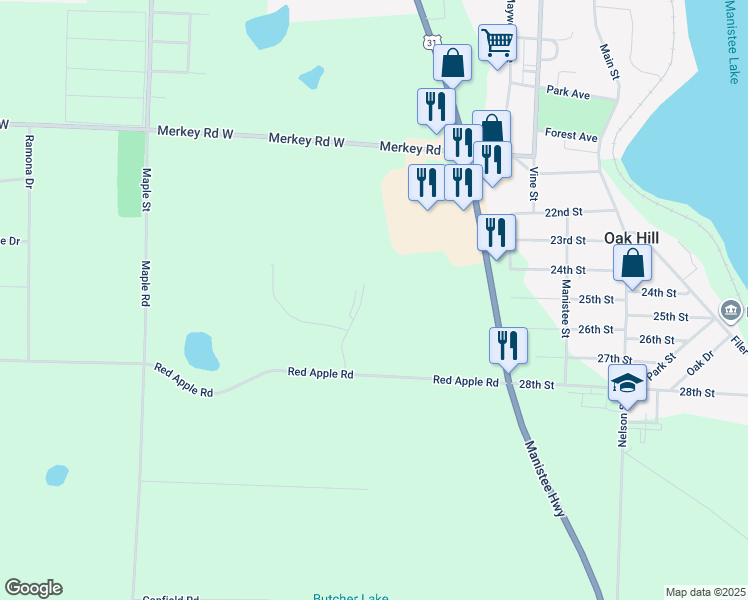 map of restaurants, bars, coffee shops, grocery stores, and more near 1823 Pine Ridge Drive in Manistee
