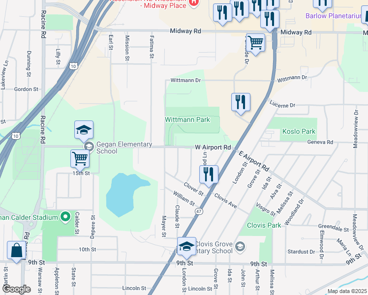 map of restaurants, bars, coffee shops, grocery stores, and more near 878 West Airport Road in Menasha