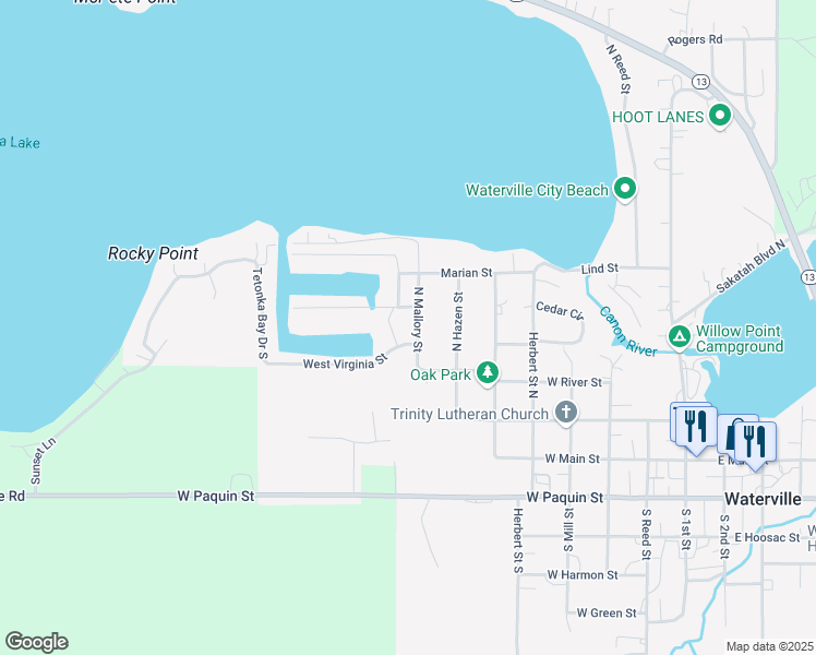 map of restaurants, bars, coffee shops, grocery stores, and more near 803 Lillian Street in Waterville