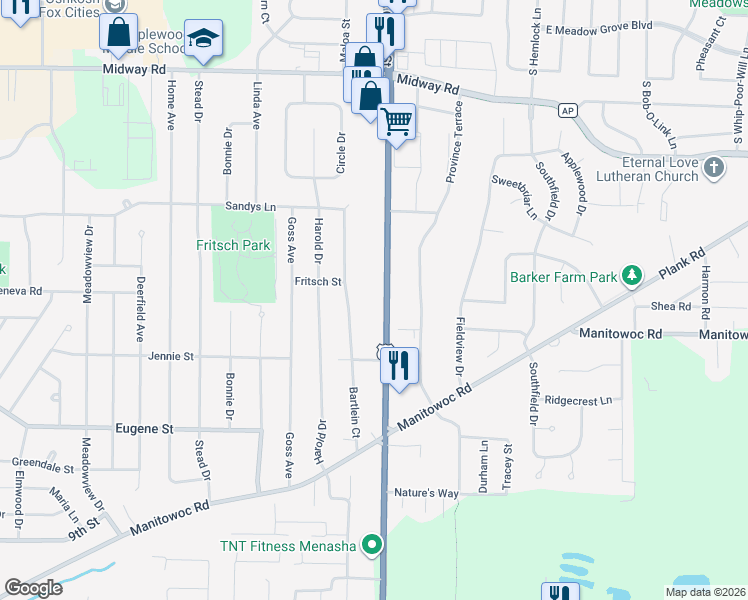 map of restaurants, bars, coffee shops, grocery stores, and more near 1226 Oneida Street in Menasha